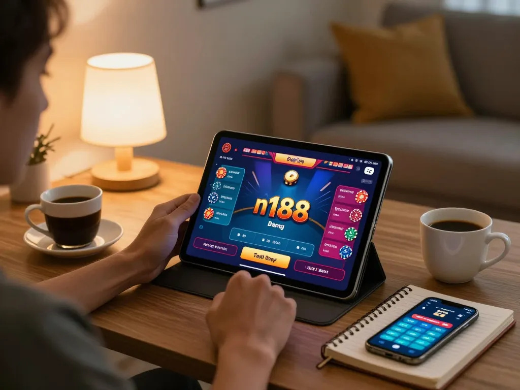 View of a person accessing n188 đăng nhập on a tablet during an online poker game