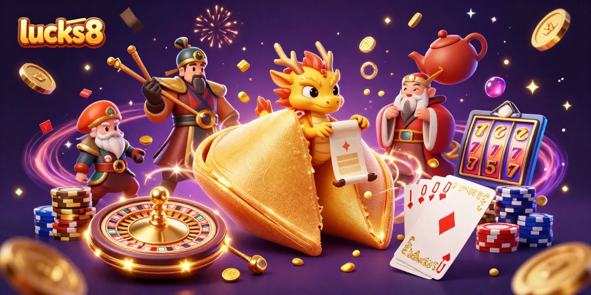 Experience the excitement of lucks8 with a dazzling 3D illustration of casino elements and characters.