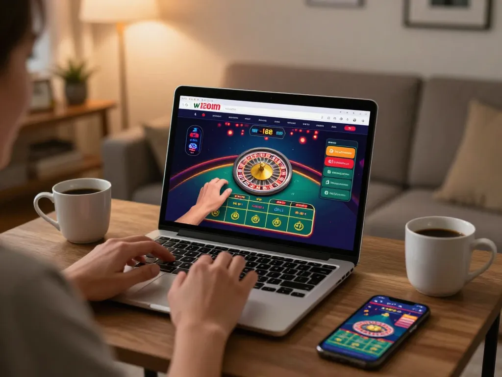 Engaging online gambling scene at w188 com, with a player strategizing bets on a roulette table from home.