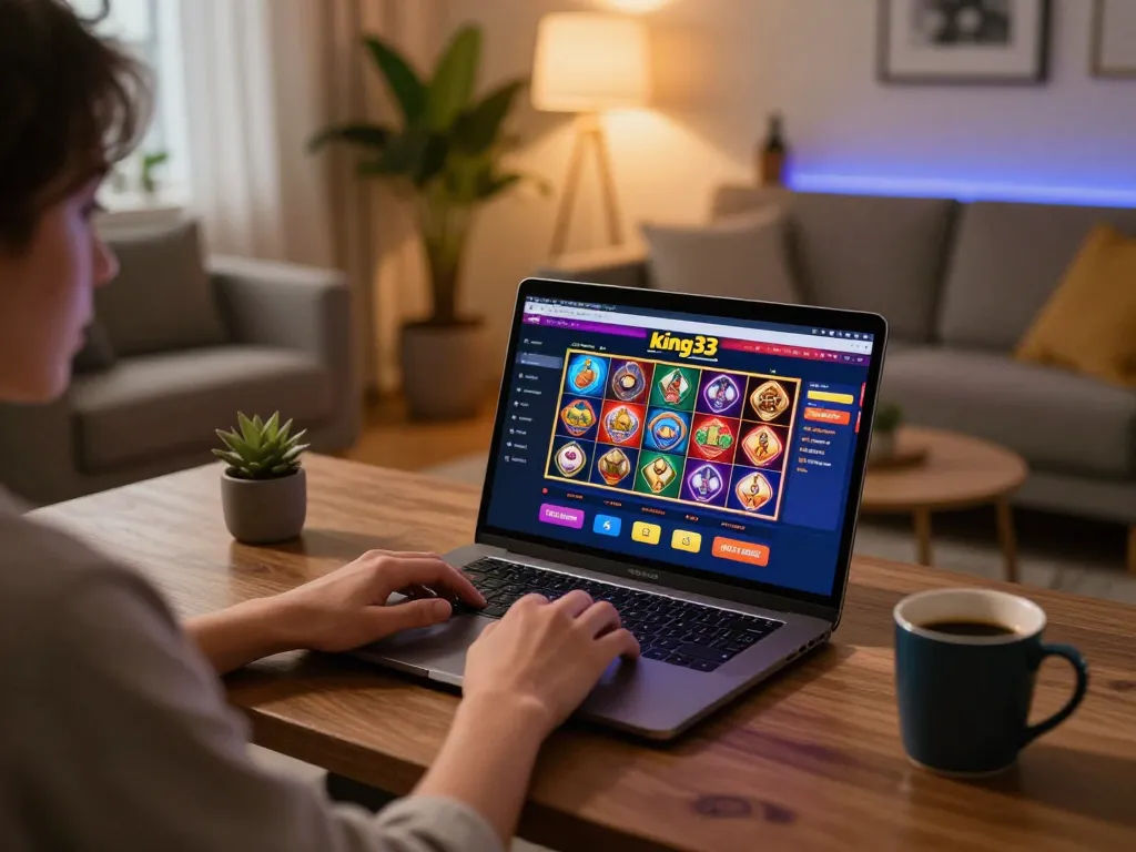Player engaging with king33 online casino interface showcasing vibrant slots and live dealers
