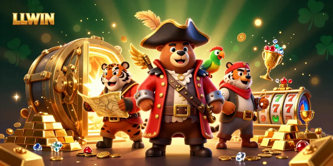 LLWIN offers an exciting illustration of gambling with a pirate captain and treasure elements, showcasing vibrant casino themes.
