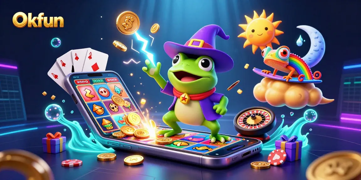 Experience winning spins and excitement at Okfun with vibrant characters amidst a golden coin storm.