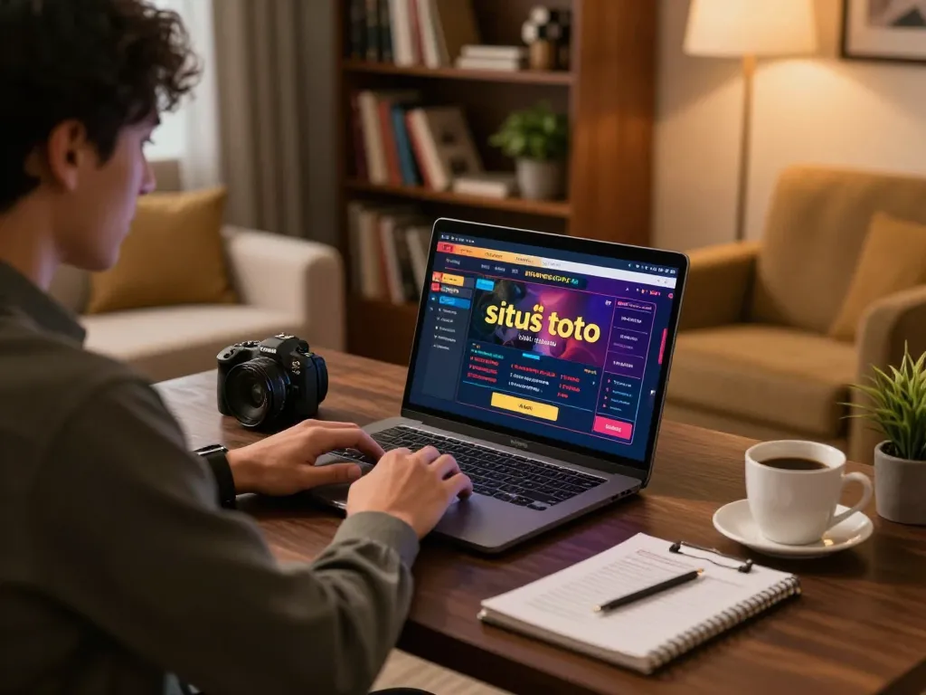 Pengaturan judi online Situs Toto dengan pemain yang terinspirasi menggunakan laptop di rumah, menampilkan permainan strategis.
