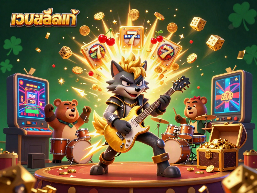Experience เว็บสล็อตแท้ with a thriving scene featuring a rock star wolf and drummer bear on a vibrant casino stage.