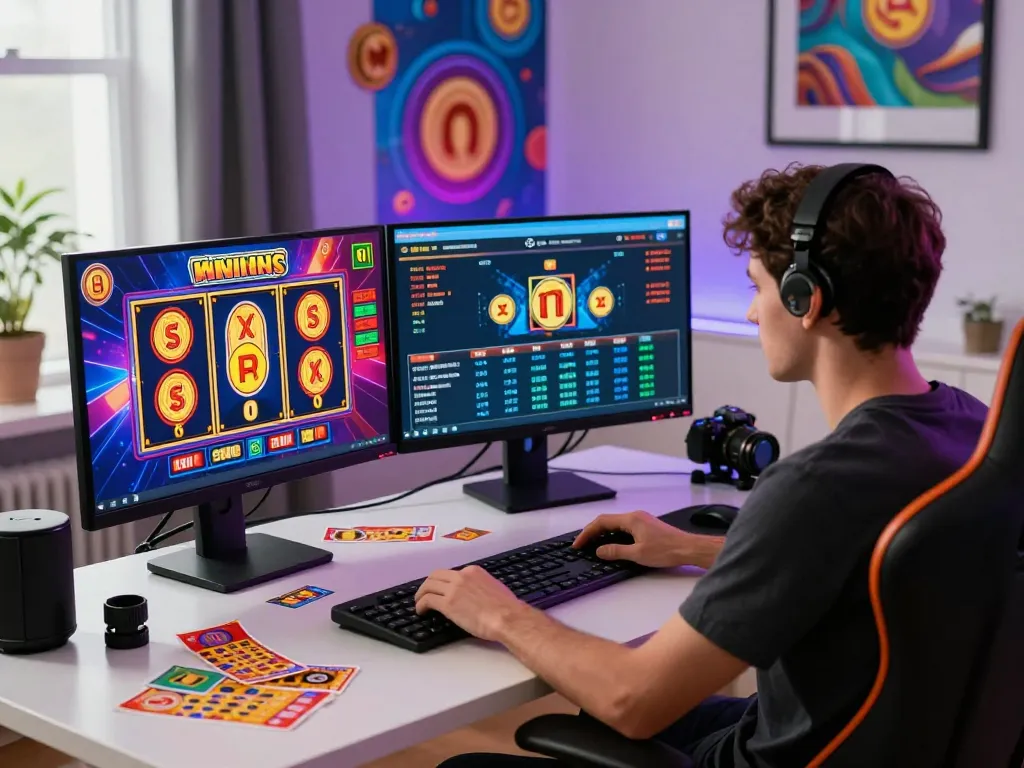 Engaged player enjoying rusuntogel online slots in vibrant gaming workspace.