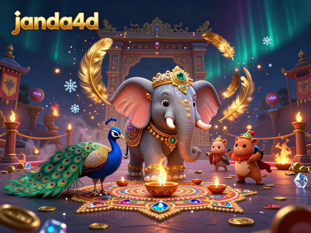 Permainan slot janda4d menampilkan gajah bertema Diwali dengan dekorasi emas dan burung merak, latar efek kasino menyerupai suasana berpesta.