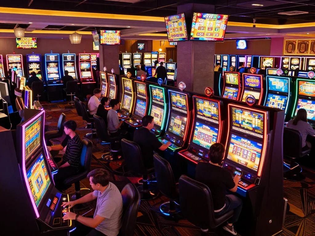 Engaging scene of players enjoying situs slot games at a lively casino, colorful machines and warm lighting create an inviting atmosphere.