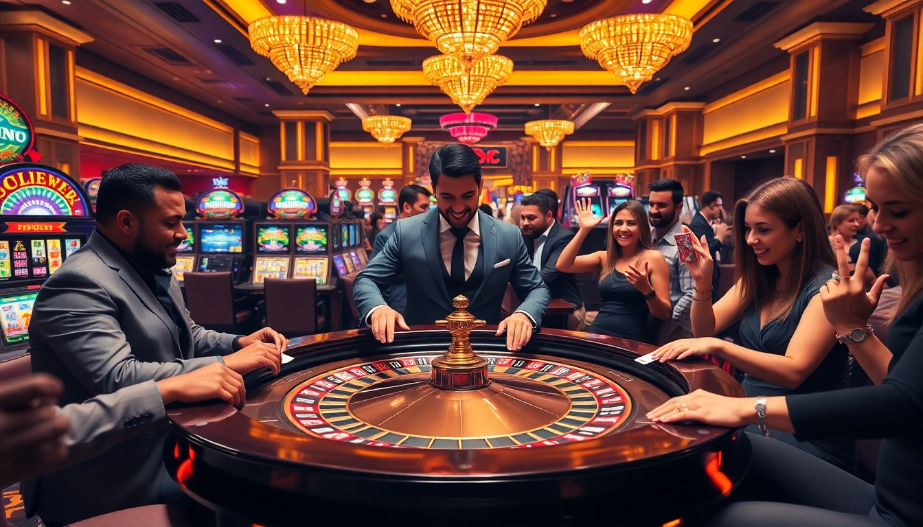 Players excitedly engage in a roulette game at https://b52.za.com/, showcasing vibrant casino elements.