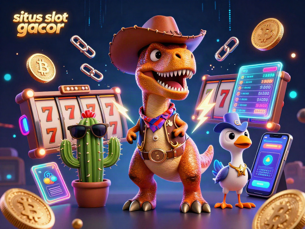 Situs slot gacor showcasing a vibrant 3D cartoon dinosaur in a casino scene, surrounded by glowing crypto elements.