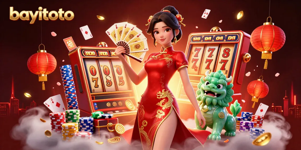 BAYITOTO offers an engaging scene of slot gaming featuring a woman in qipao, mystical elements, and vibrant casino games.