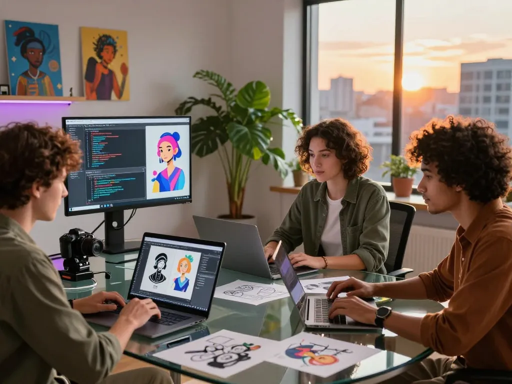 NSFW AI technology creators collaborating in a vibrant digital studio.
