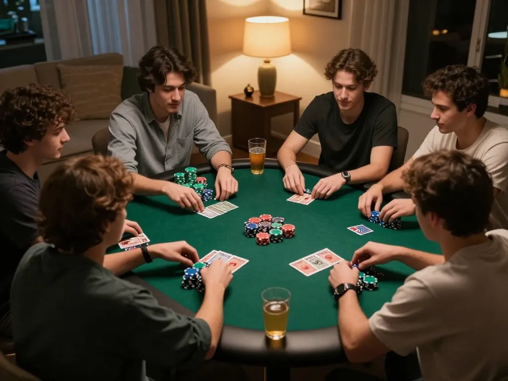 Friends enjoying a game of poker while creating a Chatgpt caricature around the table.