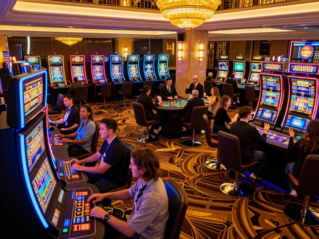 Players enjoy gaming excitement at F8Beta2's vibrant casino floor filled with lively slot machines