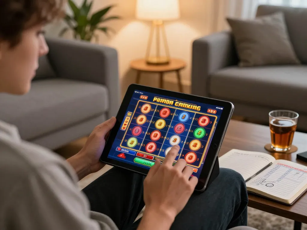 Pemain menikmati permainan slot di tablet dalam suasana rumah yang nyaman, menekankan kesenangan dan permainan yang bertanggung jawab.