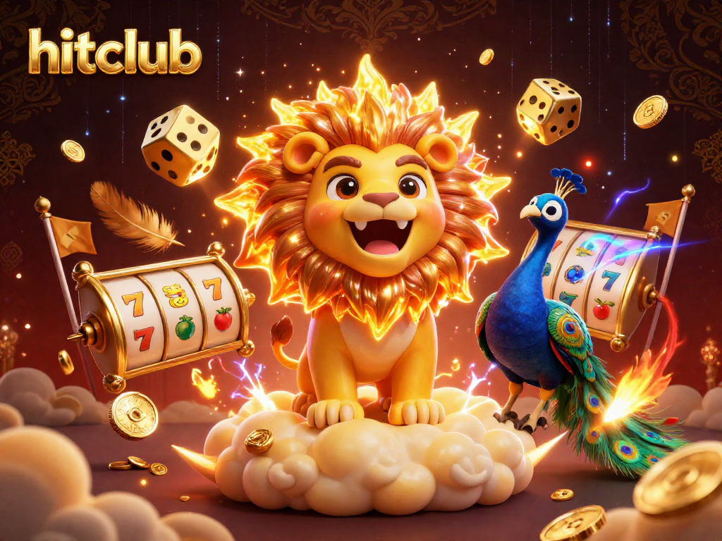 Hitclub golden lion and dice triumph in a vibrant casino battle arena with vibrant energy.