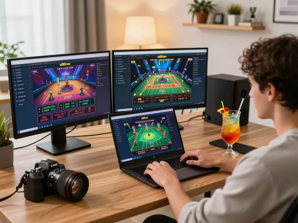 Engaging gameplay at u888 com, showcasing a player immersed in an online casino game interface from a home office setting.
