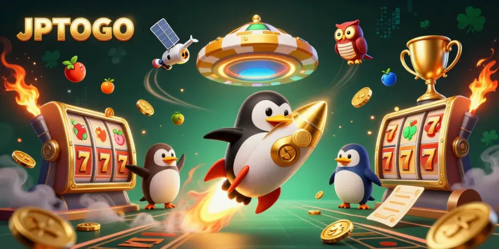Visualisasi JPTOTO yang menampilkan penguin emas terbang menuju kasino dengan slot dan simbol keberuntungan.