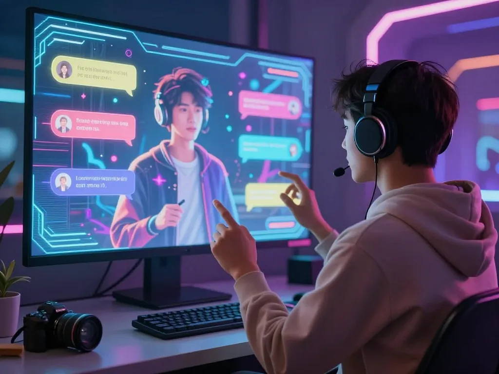 Interactive 18+ AI chat experience with holographic character in a vibrant digital environment.