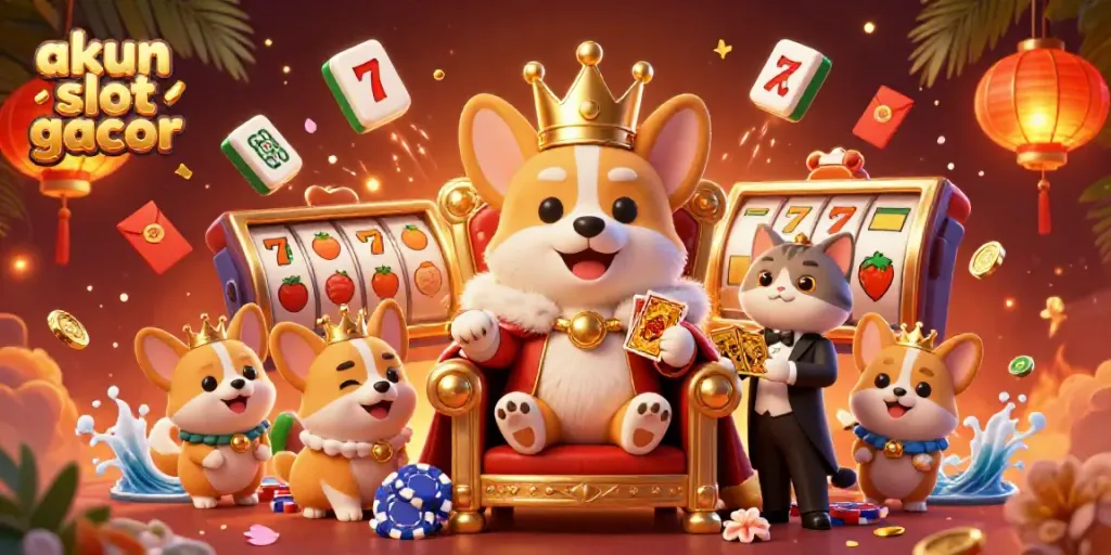 Engage with akun slot gacor as a royal corgi reigns over a throne of slot reels amidst festive decorations.