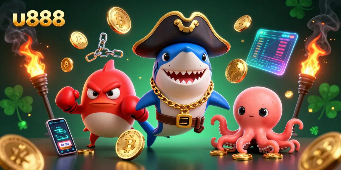 Join the vibrant u888 Casino fun with a thrilling 3D illustration showcasing a pirate shark, an angry pufferfish, and a treasure-holding octopus.