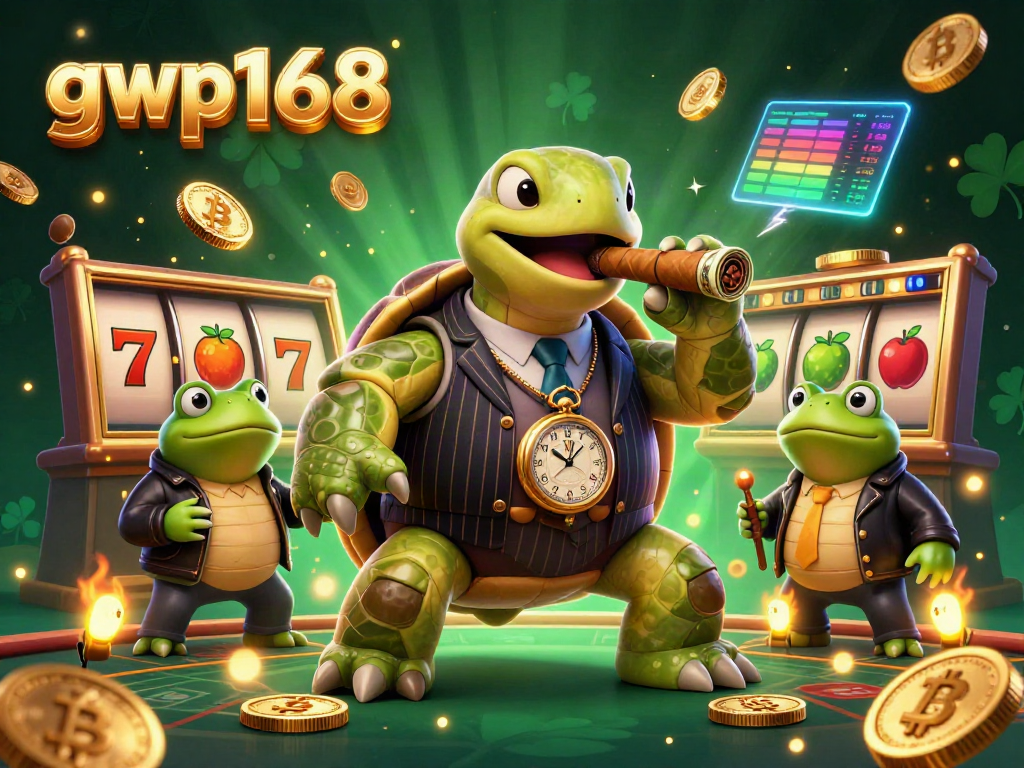 Permainan slot seru di gwp168 dengan karakter kura-kura bertema kasino dan simbol keberuntungan.