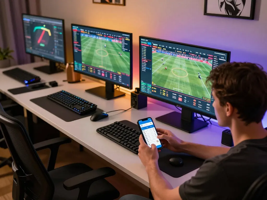 Player engaging in sports betting at home with 388bet app on multiple screens, capturing the thrill of live wagering
