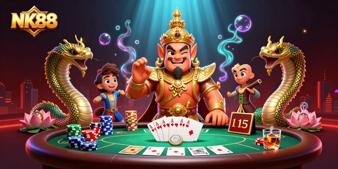 Engage with NK88's vibrant gaming scene as the Thai guardian oversees thrilling poker action with dynamic elements.