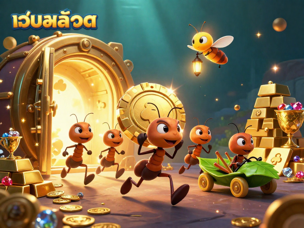 Experience the thrill of เว็บสล็อต as ants navigate a heist, showcasing casino treasure and vibrant elements.