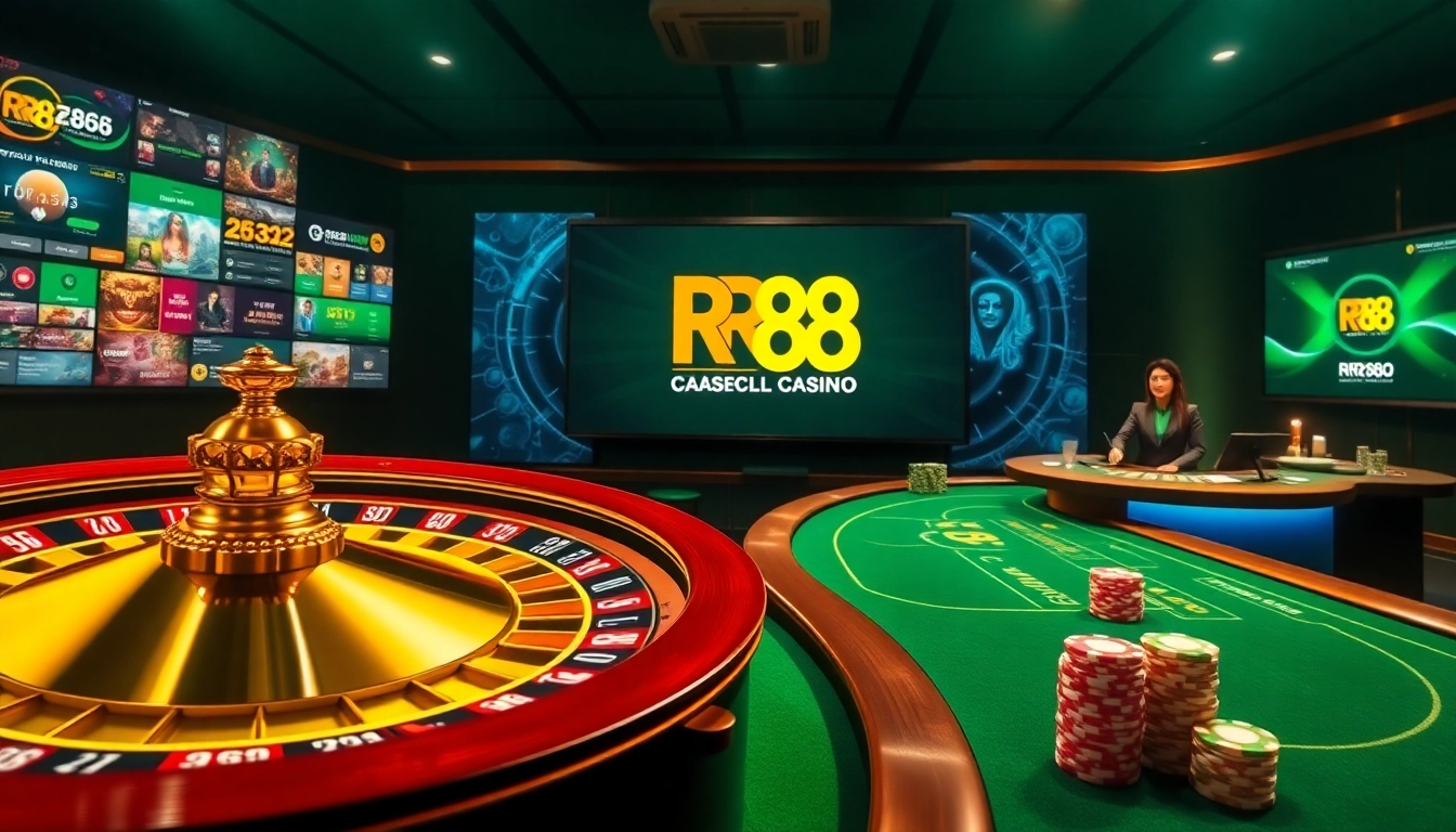 Exciting RR 88 casino scene with poker chips, roulette wheel, and live dealer gaming.