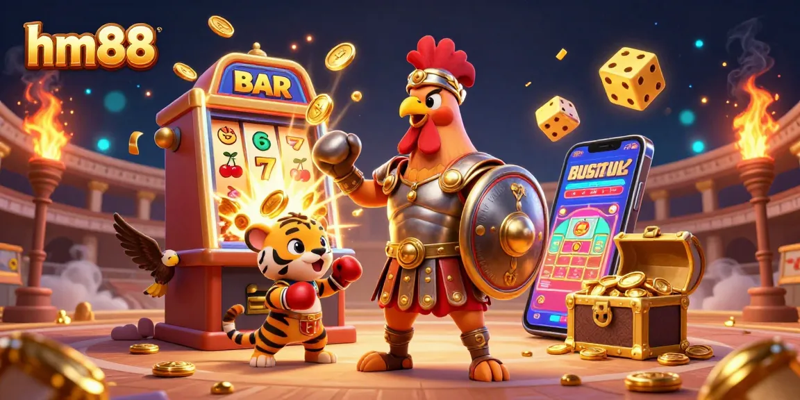 Experience thrilling gameplay at hm88 with a dynamic casino scene featuring a gladiator rooster and jackpot elements.