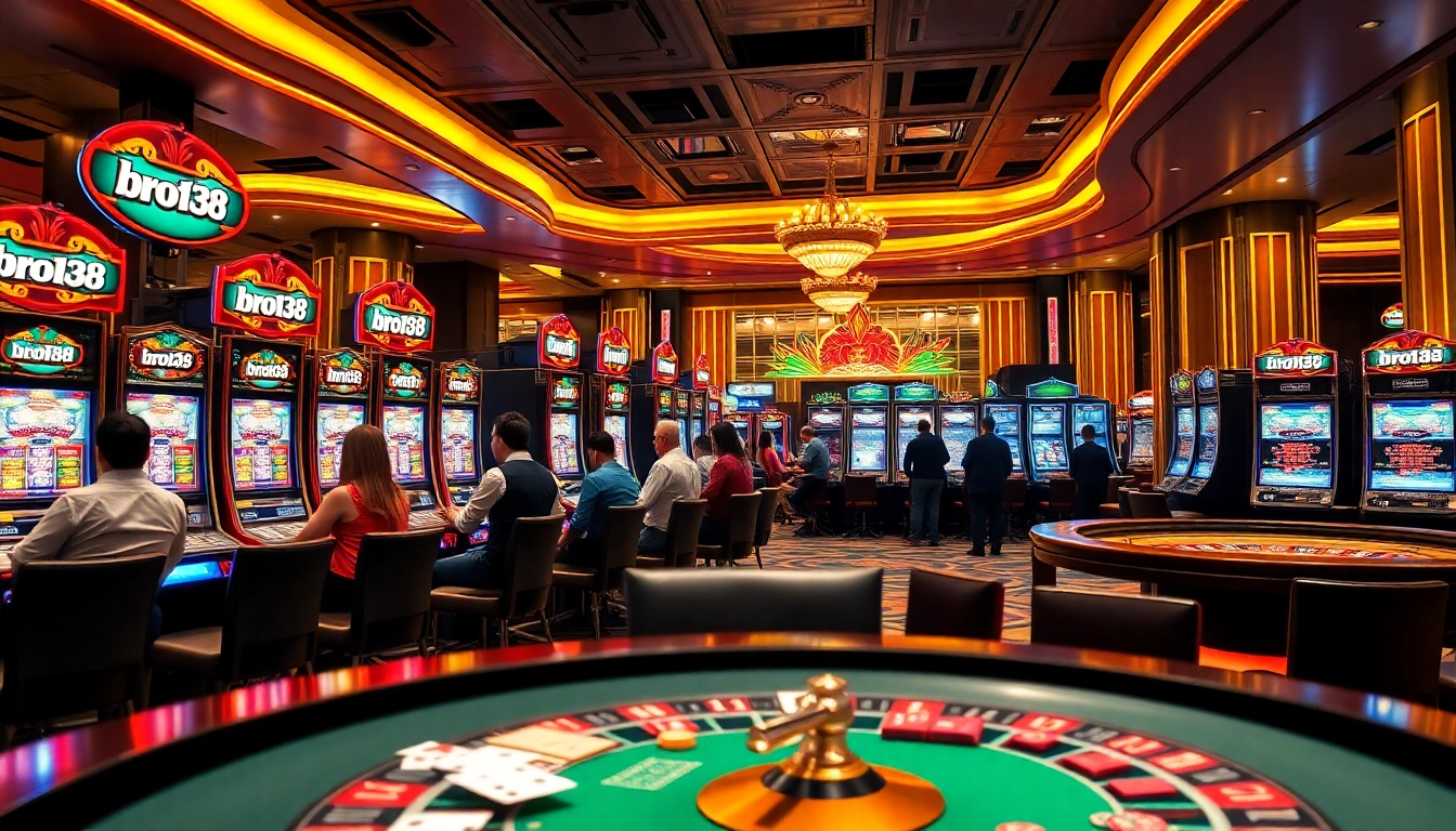 Experience thrill and excitement at bro138 with vibrant slot machines and engaged players in a luxurious casino.