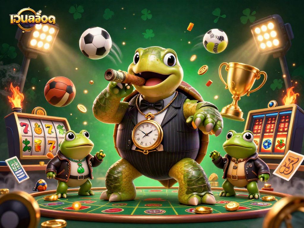 Experience the thrill of เว็บสล็อต with a cartoon turtle mobster surrounded by dynamic casino elements.