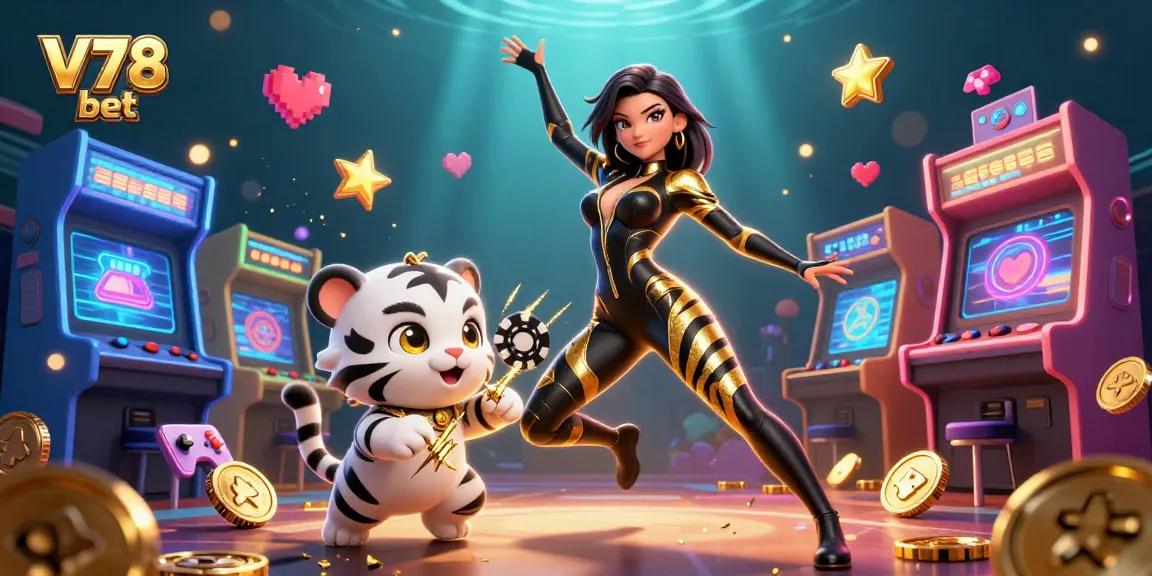 Terlibat dengan V78 bet yang menampilkan wanita akrobatik dan harimau yang bermain di adegan kasino yang dinamis.