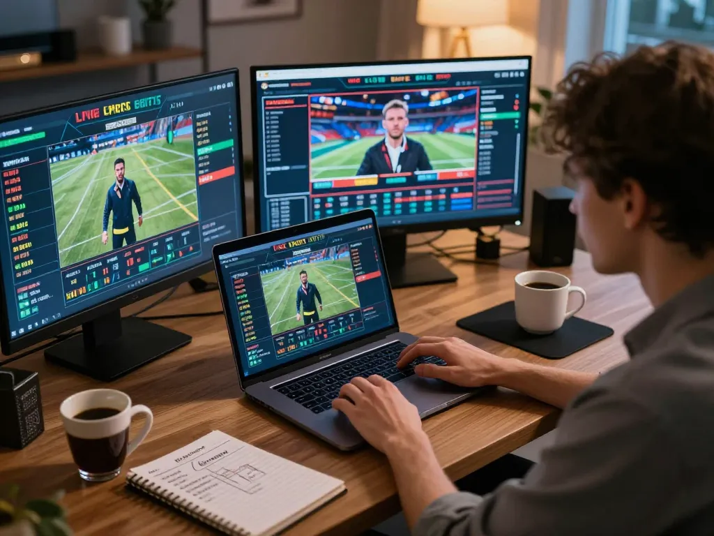 Player engaging in live sports betting on gi8 from a cozy home office, demonstrating strategic gameplay.