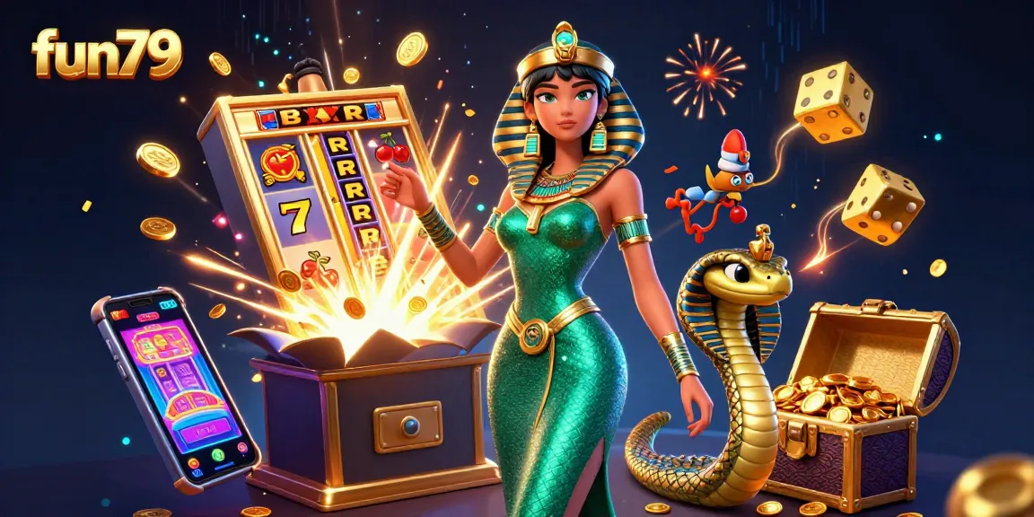Spin to win at fun79 with a stunning 3D illustration of an emerald-clad woman, slot machines, and golden treasures!