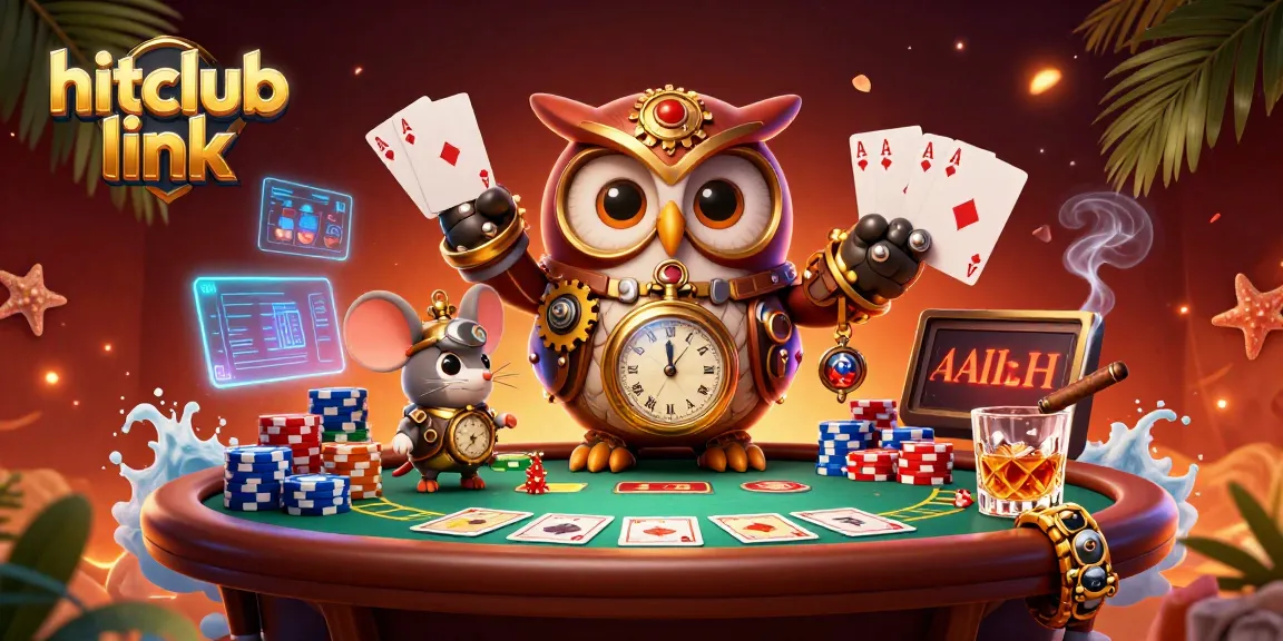 Win big at Hitclub link with a vibrant 3D casino-themed digital illustration featuring poker elements.