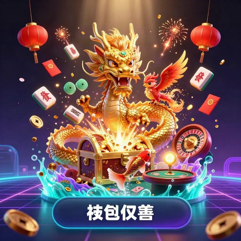 Golden dragon, phoenix, and koi amid casino treasures on a dark neon-lit horizon.