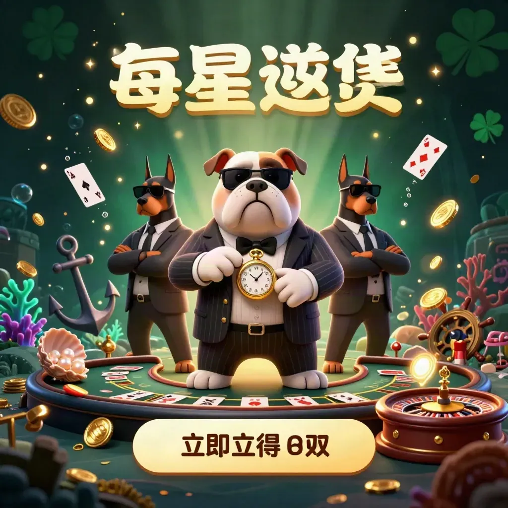 Mafia bulldog and Dobermans in a glowing treasure cove with gold coins, coral, cards and casino lights