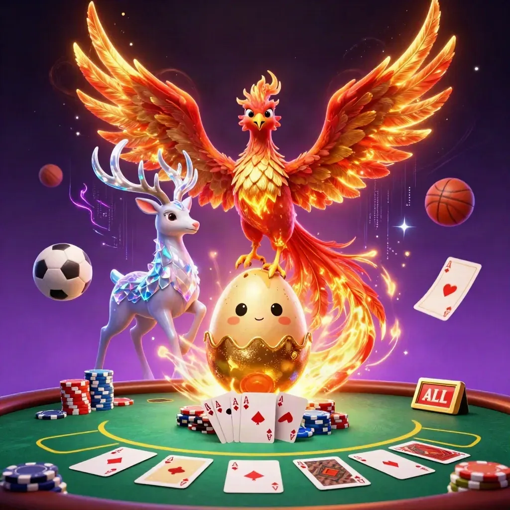 Phoenix, stag, chips, cards, and sports balls burst in a luxe casino fantasy scene.