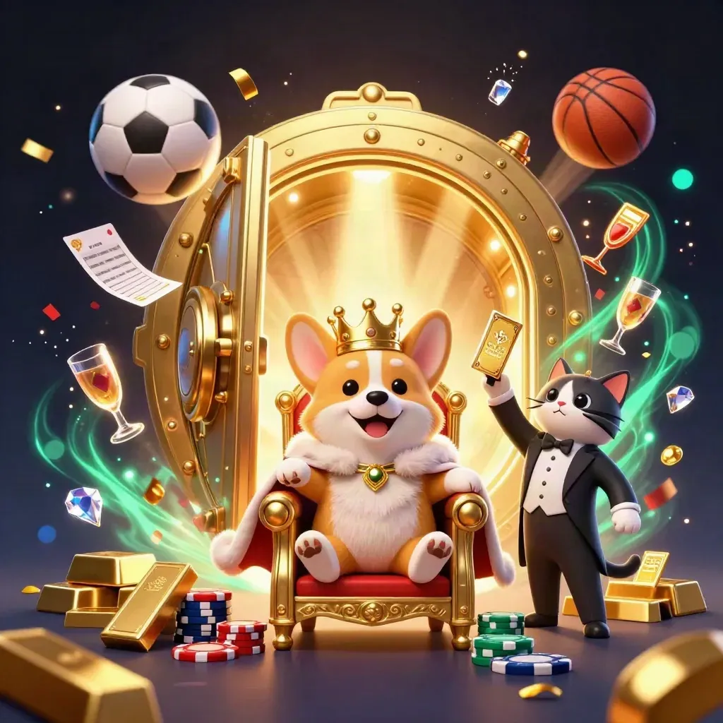 Royal corgi and cat butler amid gold vault bursts, flying balls, chips, sparks, and neon casino glow