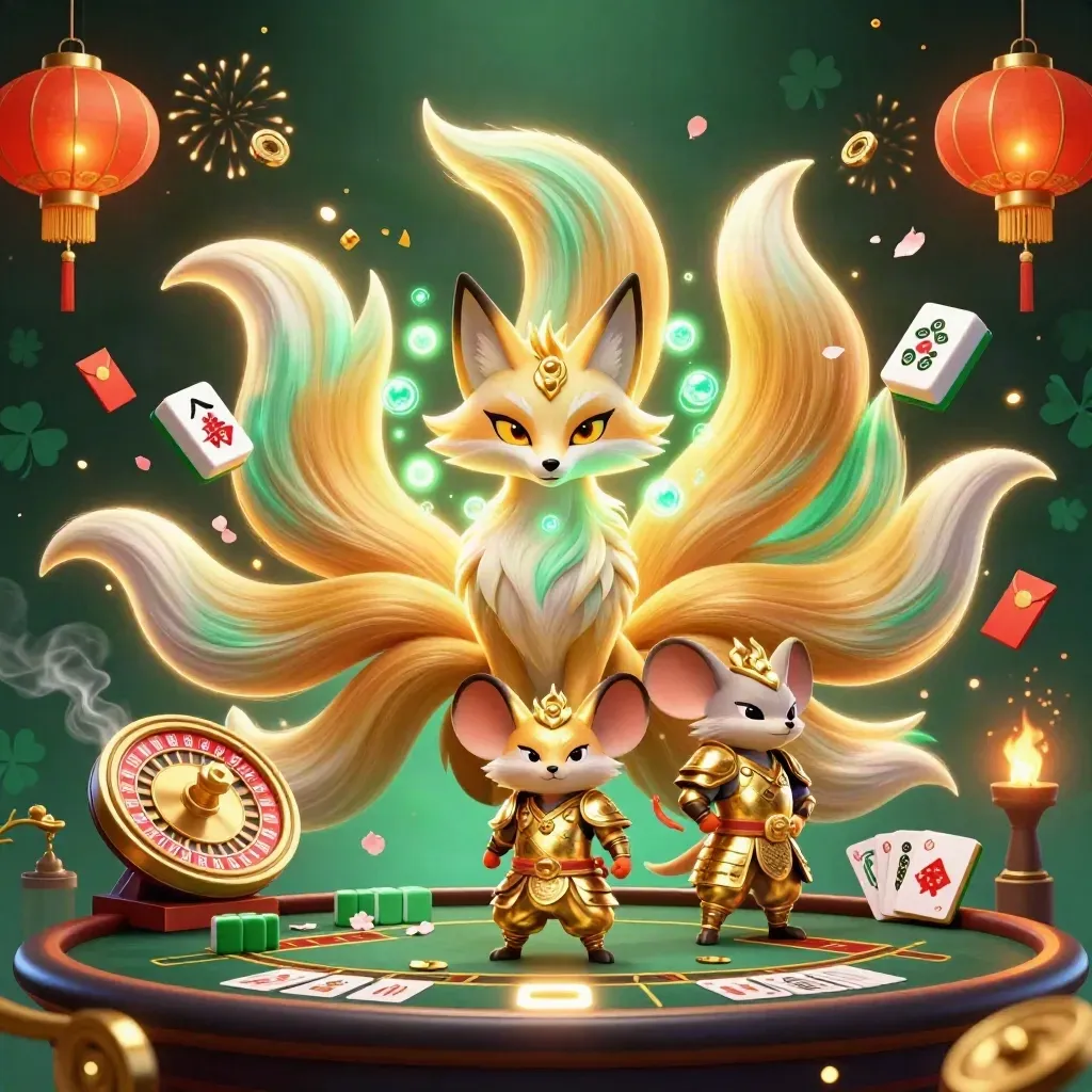 Fox spirit and samurai mouse amid casino charms, emerald smoke, gold light, and spinning table glow