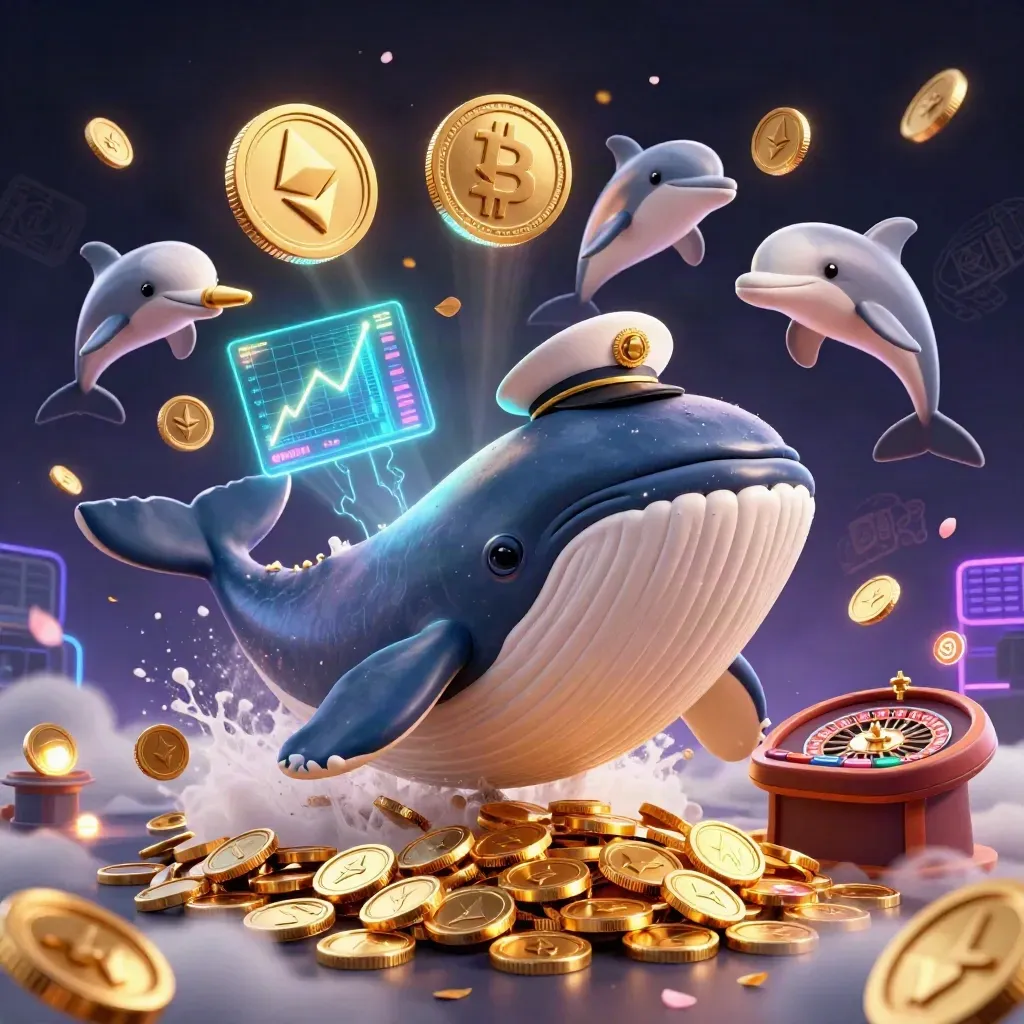Whale captain, narwhal, and dolphins in a neon casino sea of coins and glowing gaming symbols.
