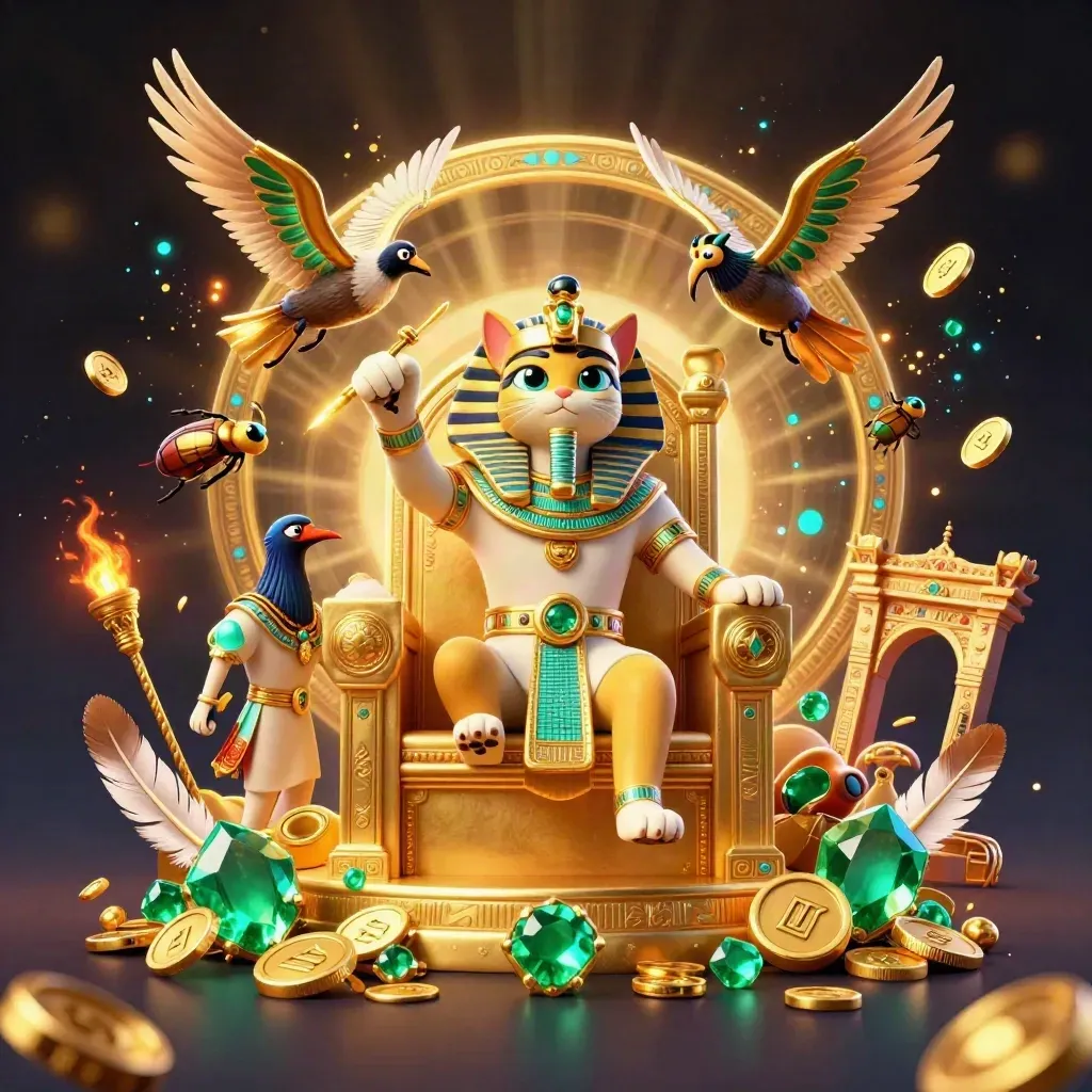 Pharaoh cat on a throne with an ibis scribe and gem-winged scarabs in a gold casino fantasy.