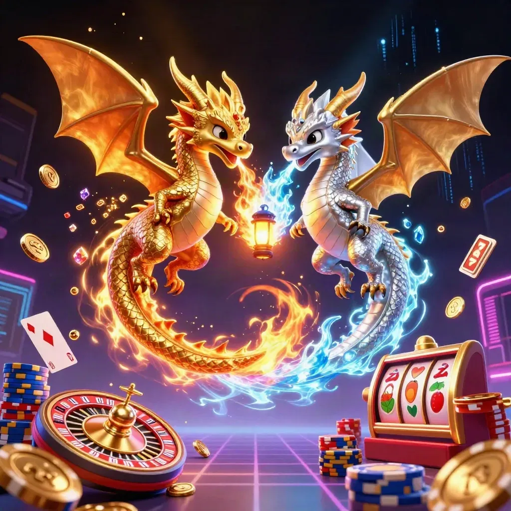 Two intertwined dragons burst coins, cards, chips, and neon energy over a dark casino grid.