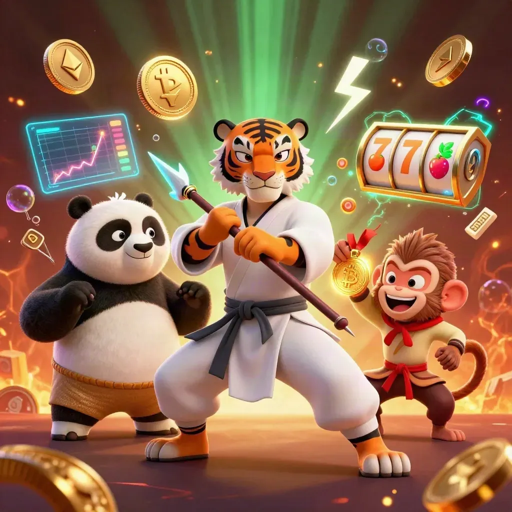 Tiger, panda, and monkey burst with neon coins, reels, lightning, and casino glow