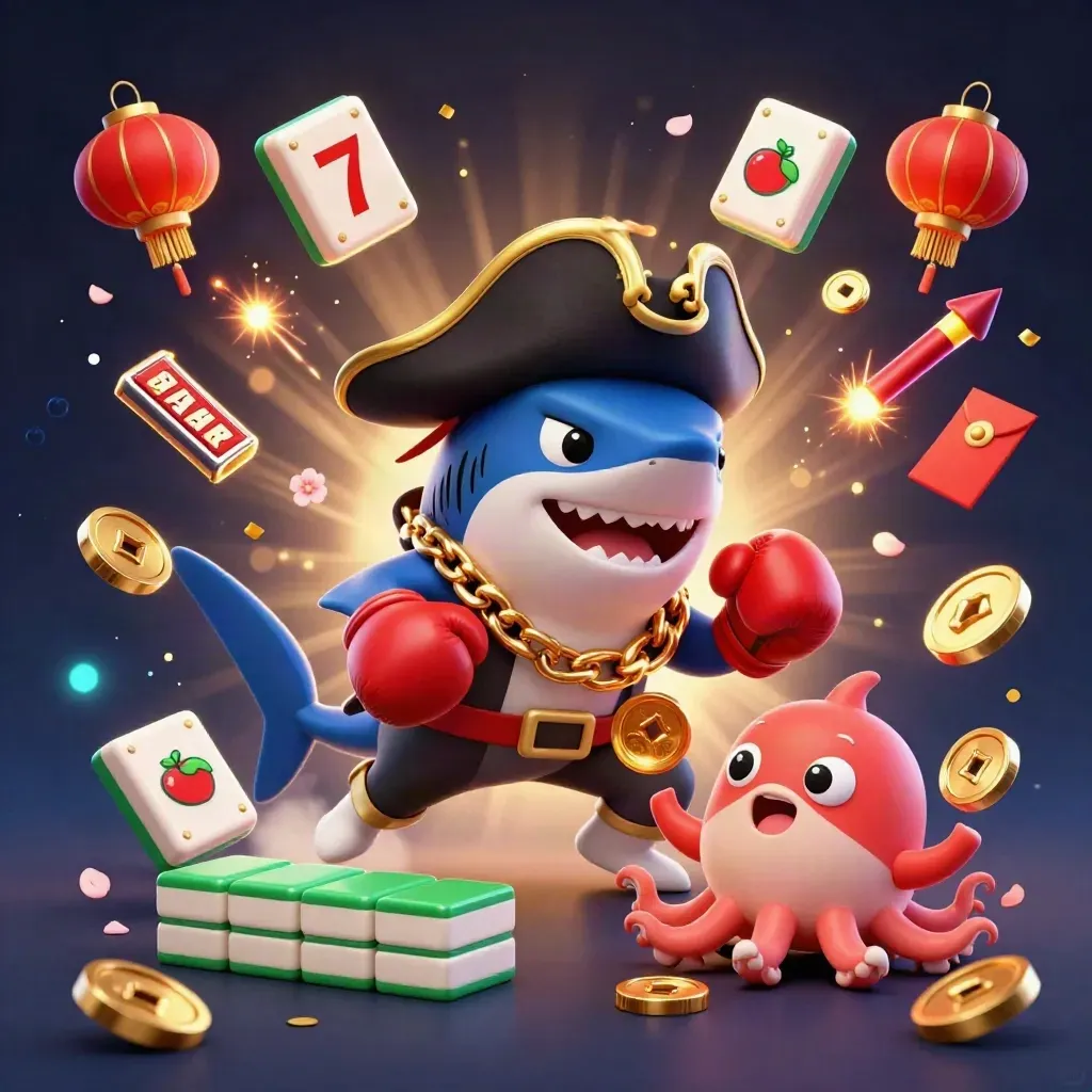 Pirate shark, boxing pufferfish, and coin-juggling octopus amid casino treasure bursts.