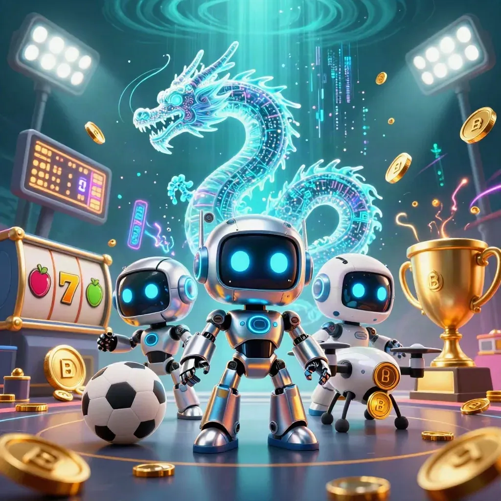 Cyberpunk robot, holographic dragon, and drone amid casino game energy and coins