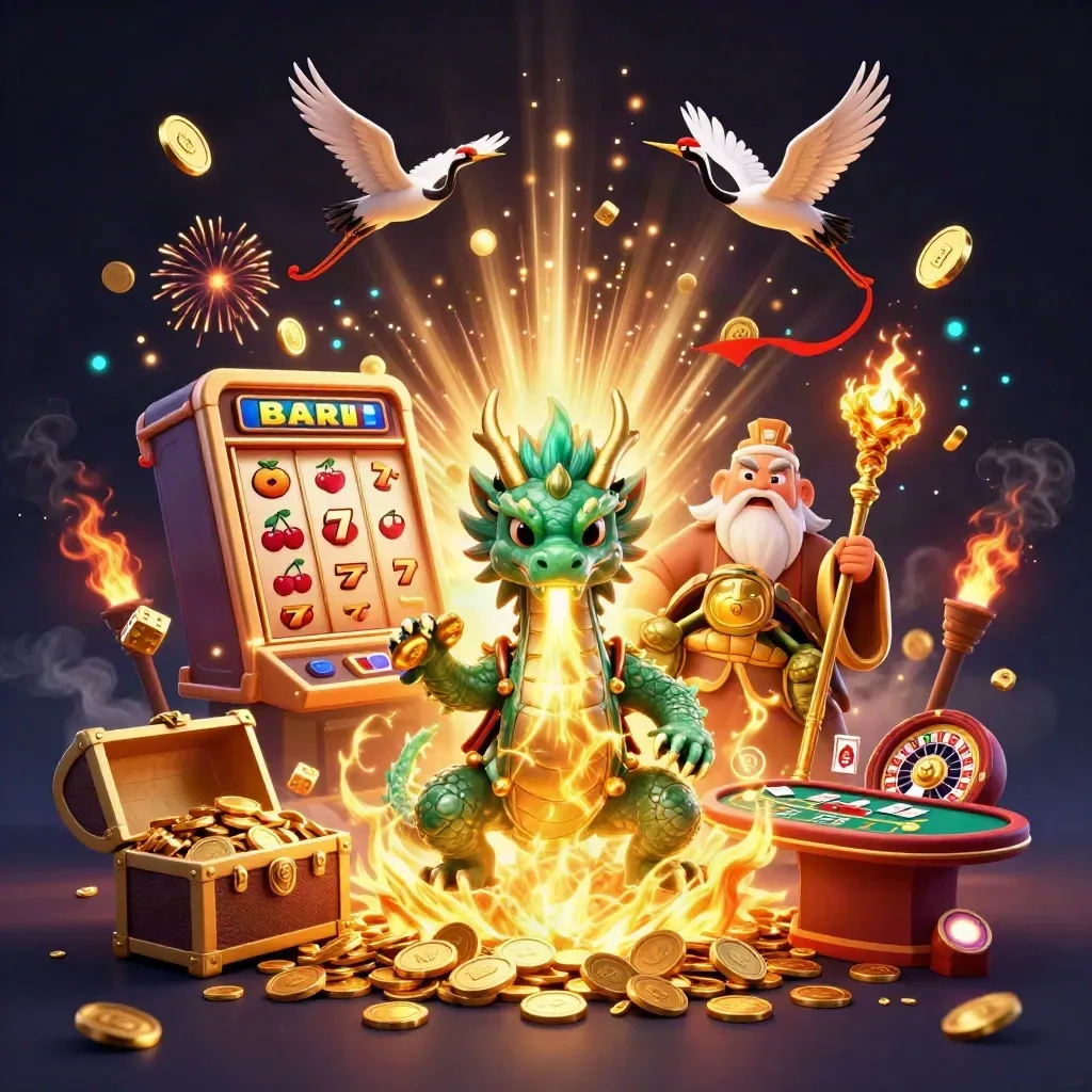 Dragon, turtle sage, and cranes amid gold coins, fireworks, slot machine, and casino symbols.