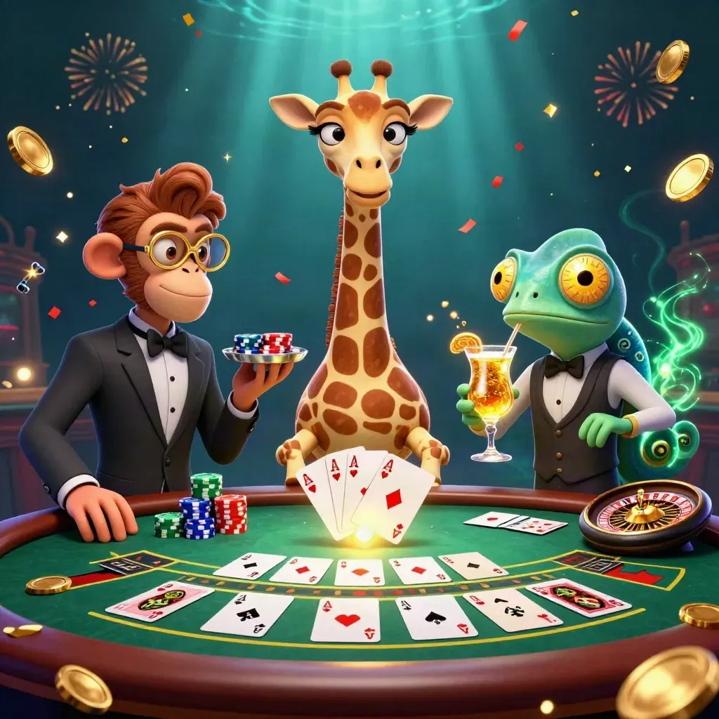 Giraffe high roller, monkey valet, and chameleon bartender at a casino table amid coins, cards, and fireworks