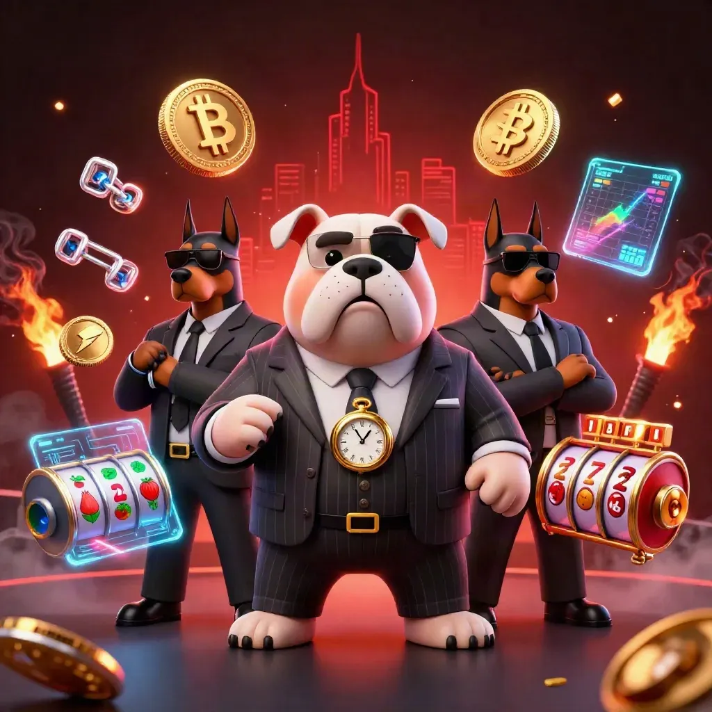 Bulldog mafia boss with Doberman guards amid blackjack casino energy, glowing coins, and neon effects